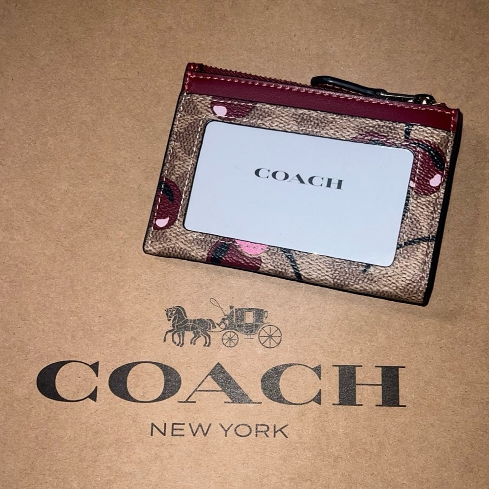 NWT COACH Mini Skinny Id Case Card Wallet & Key Chain w/Pink Cherry Print AUTHTC - Picture 3 of 8